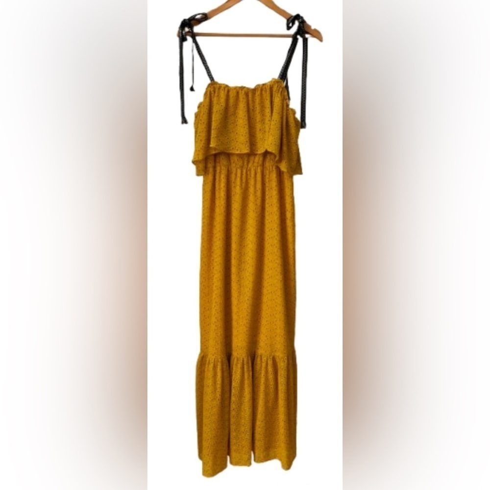 current air Anthro Y2K mustard eyelt ruffl spag strp lnd mxi drss SZ S 70’s boho